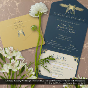 Invitation Tout En Un Papillon Art Déco Monogramme Mariage bleu or