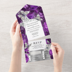 Invitation Tout En Un Papillon blanc prune argenté brillant parties scin