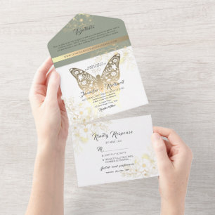 Invitation Tout En Un Papillon Doré Mariage Vert Sauge