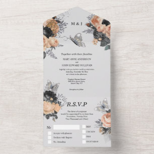 Invitation Tout En Un Papillon noir gris rose floral chic 