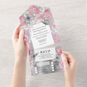 Invitation Tout En Un Papillon rose argent brillant parties scintillant