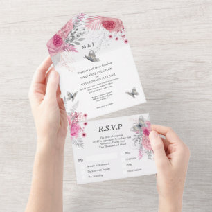 Invitation Tout En Un Papillon rose blanc argent rose glam luxe 