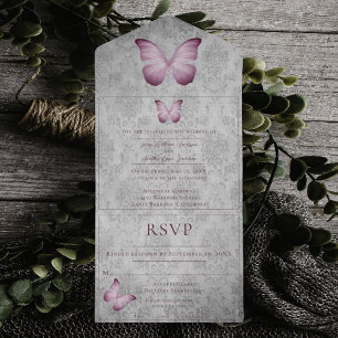 Invitation Tout En Un Papillon rose Vintage Mariage damassé
