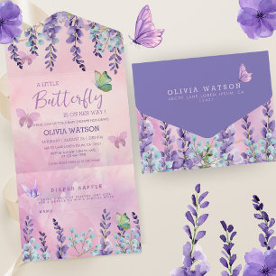 Invitation Tout En Un Papillon rose violet Baby shower de fille papillon