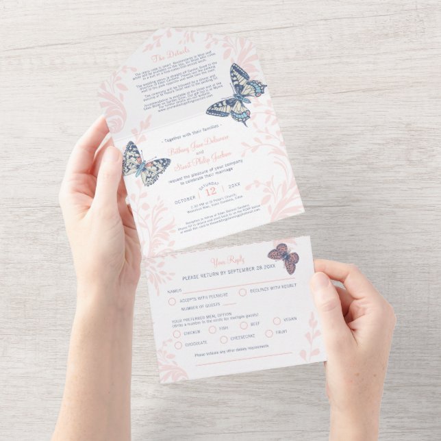 Invitation Tout En Un Papillons coralliens mariages détails & repas RSVP (Déchirure)