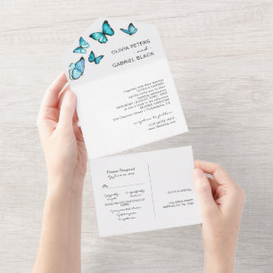 Invitation Tout En Un Papillons de luxe bleus. Mariage aérien élégant