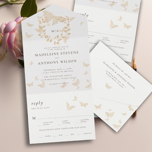 Invitation Tout En Un Papillons d'or Élégant Romantique Tout un Mariage (butterflies garden theme modern romantic elegant minimalist all in one trifold wedding invitation)