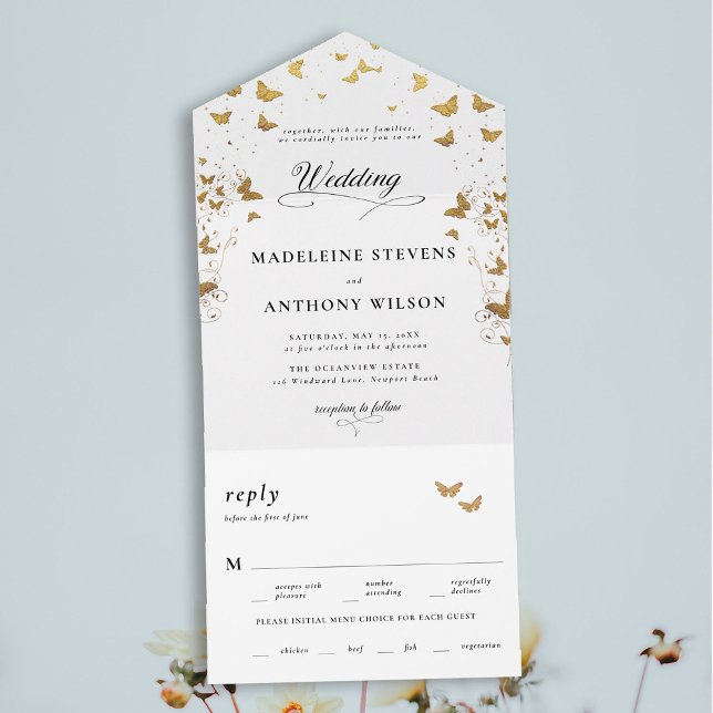 Invitation Tout En Un Papillons Élégante calligraphie Mariage romantique (butterflies garden theme modern romantic elegant calligraphy minimalist all in one trifold wedding)