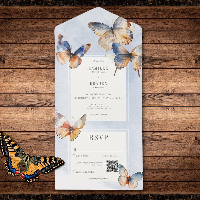Invitation Tout En Un Papillons minimaux bleu et rouille QR Code (Modern Minimal Blue & Rust Butterflies QR Code All In One Invitation)