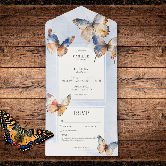 Invitation Tout En Un Papillons minimes bleu et rouille modernes Pas de  (Modern Minimal Blue & Rust Butterflies No Dinner All In One Invitation)