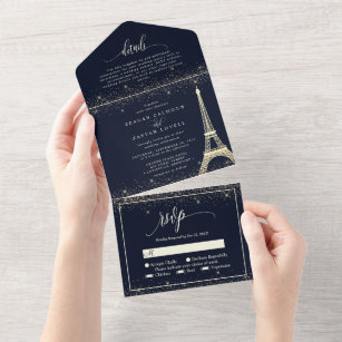 Invitation Tout En Un Paris Tour Eiffel Marine Mariage d'étincelle d'or 