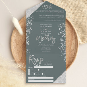 Invitation Tout En Un Parties scintillant argent chic confetti sauge ver