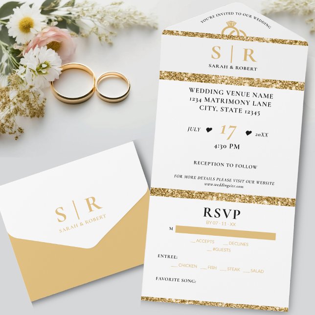 Invitation Tout En Un Parties scintillant blanche et or mariage élégant (White & Gold Glitter Elegant Wedding All In One Invitation)