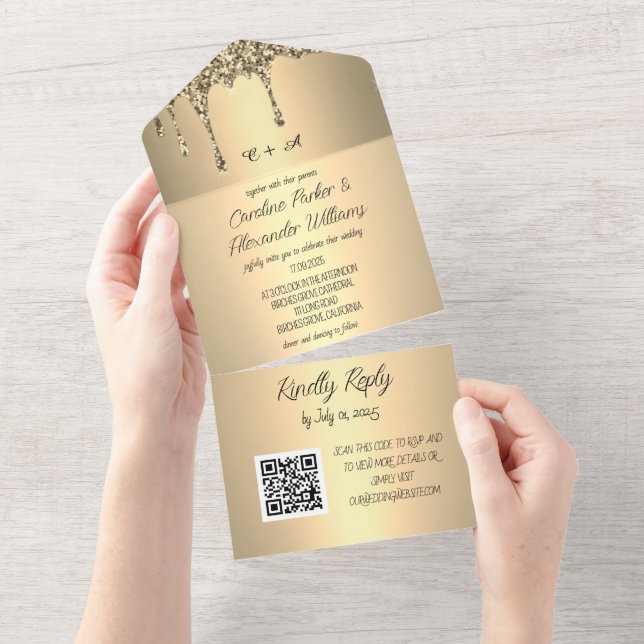 Invitation Tout En Un Parties scintillant d'étincelle d'or RSVP Code QR  (Déchirure)