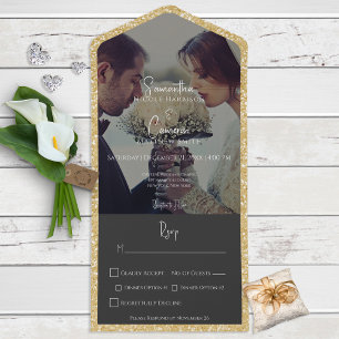 Invitation Tout En Un Parties scintillant d'or moderne Dîner photo noir