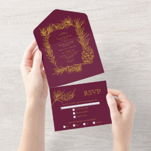 Invitation Tout En Un Parties scintillant d'or pin cadre bordeaux mariag