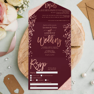 Invitation Tout En Un parties scintillant d'or rose confetti burgundy ma
