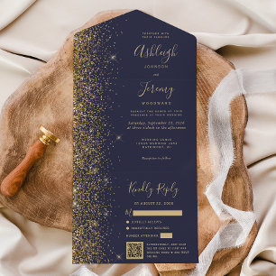 Invitation Tout En Un Parties scintillant moderne Dark Blue Gold Mariage
