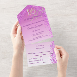 Invitation Tout En Un Parties scintillant rose Numéro de calligraphie Sw