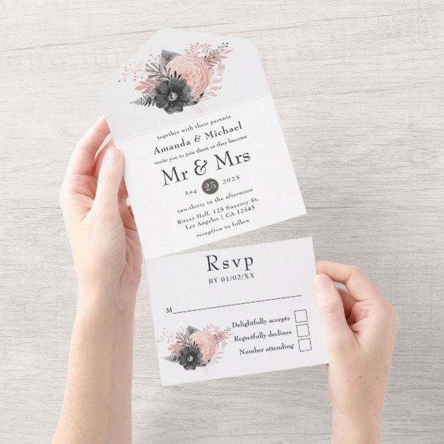 Invitation Tout En Un Pastel Blush et Charcoal Floral Rustic Mariage Al (Déchirure)