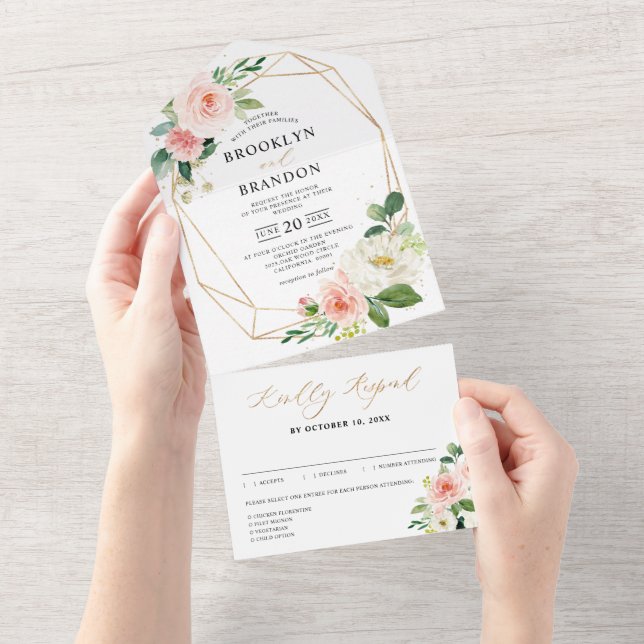 Invitation Tout En Un Pastel Blush Joli Mariage floral rose (Déchirure)