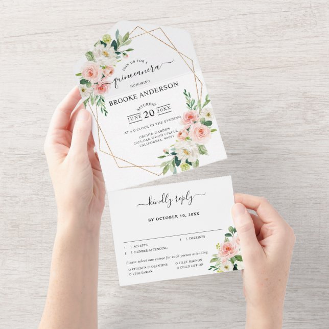 Invitation Tout En Un Pastel Blush Plutôt Rose Botanique Quinceanera (Déchirure)