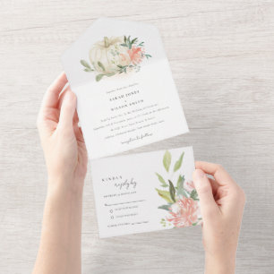 Invitation Tout En Un Pastel Citrouille blanc doux Mariage floral