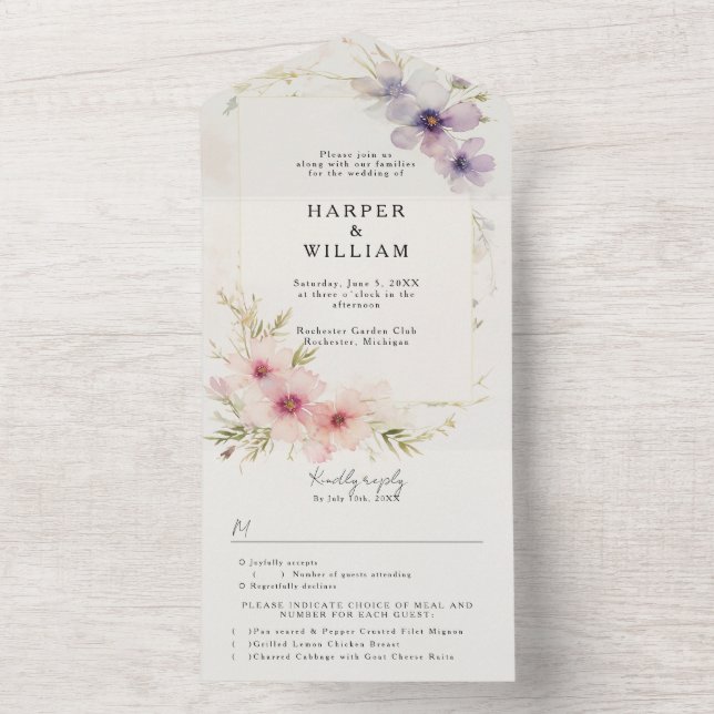 Invitation Tout En Un pastel cosmos fleurs rsvp mariage (À l'intérieur)