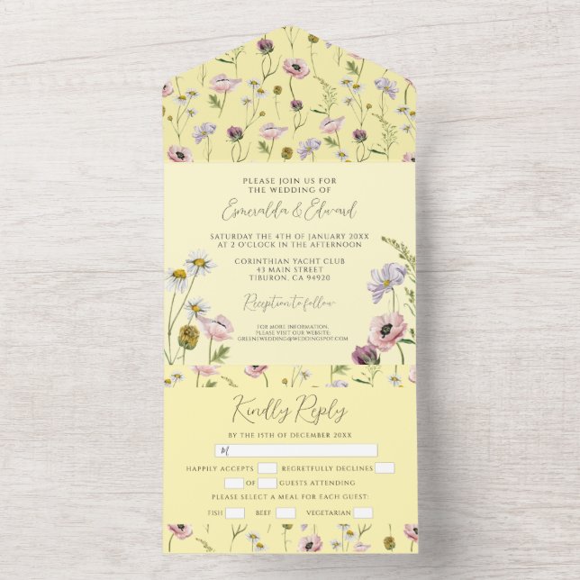 Invitation Tout En Un Pastel Jaune Fleur Boho Mariage botanique (À l'intérieur)