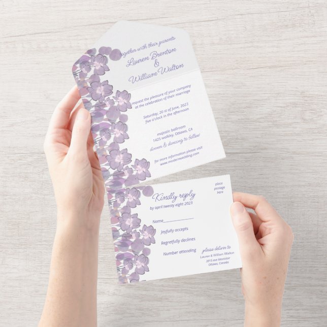 Invitation Tout En Un Pastel mauve violet floral (Déchirure)
