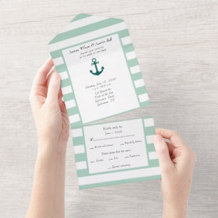 Invitation Tout En Un Pastel Nautique Grandes vertes et blanches