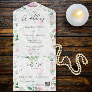 Invitation Tout En Un Pastel Pink & Green Country Garden Code QR
