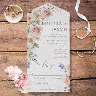 Invitation Tout En Un Pastel Rose & Blanc Floral Moderne Sans Dîner