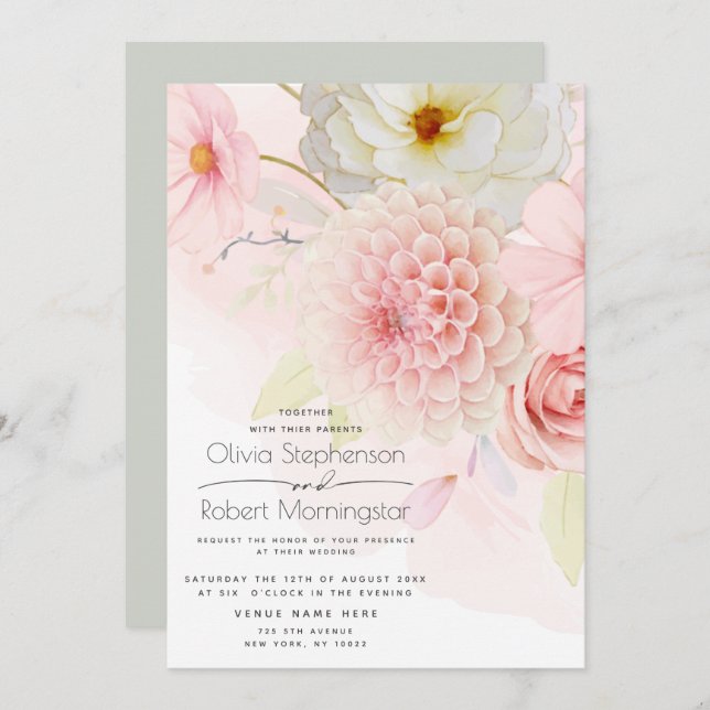 Invitation Tout en un Pastel rose Fleurs Mariage (Devant / Derrière)