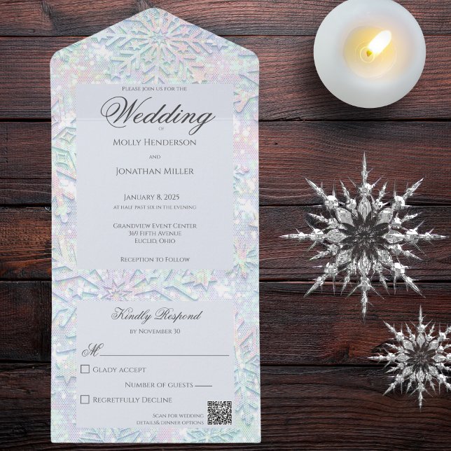 Invitation Tout En Un Pastels Modernes Snowflake QR Code (Also available without QR code. )