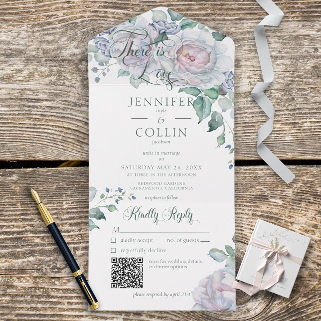 Invitation Tout En Un Pastels & White Peonies Floral Blanc QR Code (Créateur téléchargé)