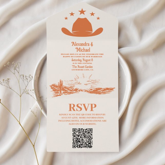 Invitation Tout En Un Pays du Sud-Ouest Ranch Western Mariage QR Code (Créateur téléchargé)