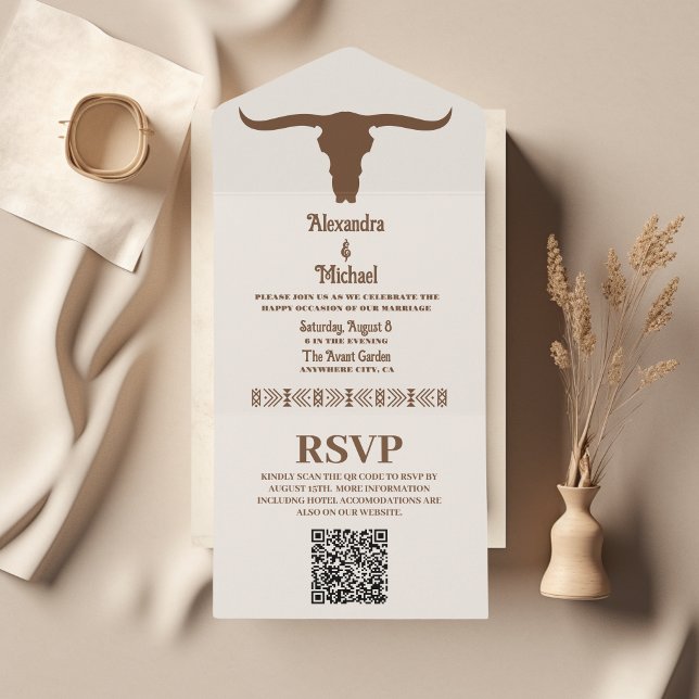 Invitation Tout En Un Pays du Sud-Ouest Ranch Western Mariage QR Code (Créateur téléchargé)