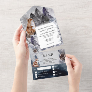 Invitation Tout En Un Pays renard rouge hiver neige mariage avec RSVP to