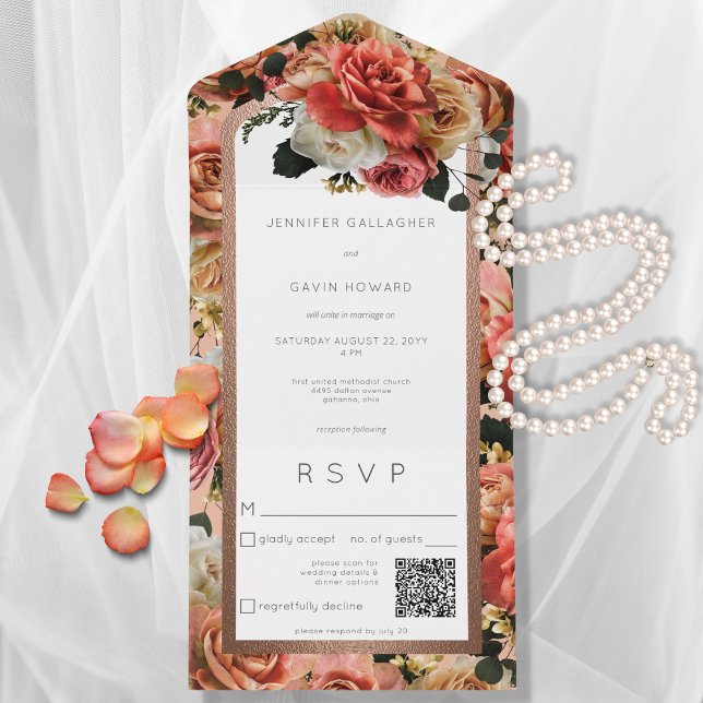 Invitation Tout En Un Peach Blush & Pink Russe Rose QR Code (Créateur téléchargé)