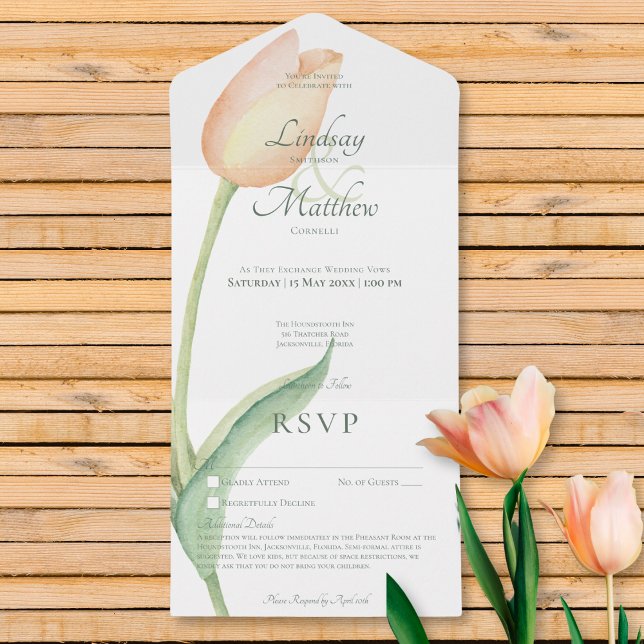 Invitation Tout En Un Peach Blush Tulip Solo Moderne Sans dîner avec dét (Peach Blush Tulip Solo Modern No Dinner w/ Details All In One Invitation)