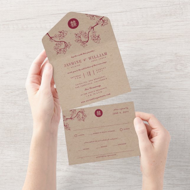 Invitation Tout En Un Peach Crimson Peach/Plum Blossoms Kraft Mariage ch (Déchirure)