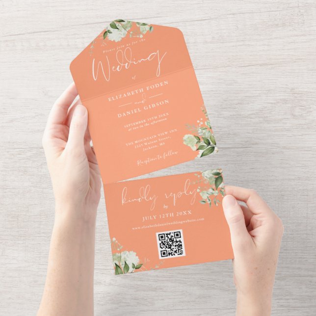 Invitation Tout En Un Peach Greenery Floral QR Code Monogramme Mariage (Déchirure)