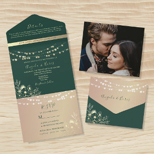Invitation Tout En Un Peach Rose Gold Emerald Mariage