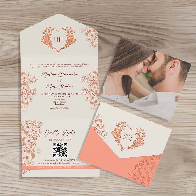Invitation Tout En Un Peach Rustic Floral Heart Monogram Mariage (Créateur téléchargé)