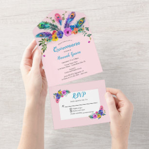Invitation Tout En Un Peacock Feathers & Fleurs Blush Pink Quinceañera