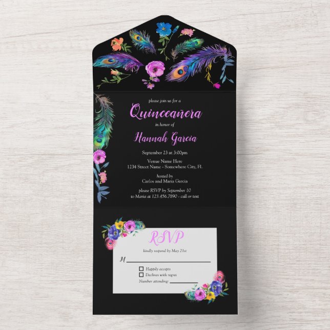 Invitation Tout En Un Peacock Feathers & Fleurs Quinceañera Noir (À l'intérieur)