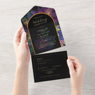 Invitation Tout En Un Peacock Jewel Tones Floral Mariage Célébration