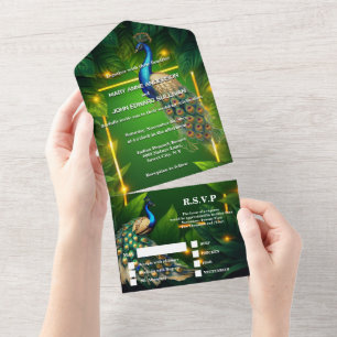 Invitation Tout En Un Peacock thème de luxe 3D paon émeraude or bleu