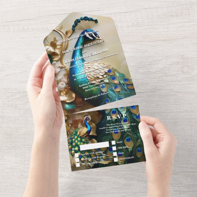 Invitation Tout En Un Peacock thème luxe 3D paon oiseau mariage (Déchirure)